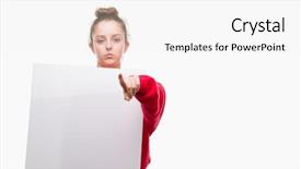  Presentation with blonde holding magnifying glass - Cool new slides with want ad - young blonde woman holding advertising backdrop and a  colored foreground