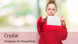  Presentation with blonde holds a magnifying glass - Colorful PPT theme enhanced with want ad - young blonde woman holding advertising backdrop and a  colored foreground