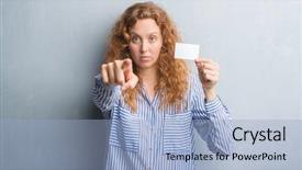  Presentation with grey - Audience pleasing PPT layouts consisting of want ad - young redhead woman over grey backdrop and a light blue colored foreground