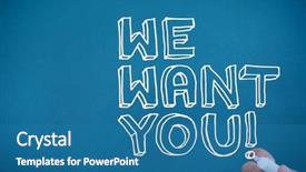  Presentation with writing - Audience pleasing theme consisting of wanted - hand writing we want you backdrop and a teal colored foreground