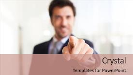  Presentation with finger - PPT theme with wanted - smiling businessman pointing his finger background and a coral colored foreground