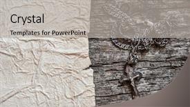  Presentation with aged wood - Slide set consisting of wanted poster - closeup of silver christian cross background and a light gray colored foreground