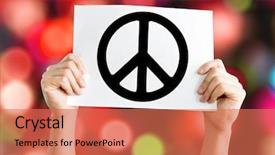  Presentation with colorful fancy carp fish koi - Theme with war minds - peace symbol card with colorful background and a coral colored foreground