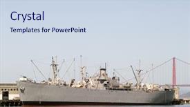  Presentation with san francisco - Slide set with war ship dock in san background and a sky blue colored foreground