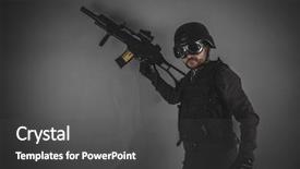  Presentation with war - Colorful PPT layouts enhanced with war soft - airsoft player with gun helmet backdrop and a dark gray colored foreground