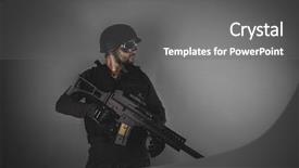 Presentation with war - Colorful slide deck enhanced with war soft - airsoft player with gun helmet backdrop and a gray colored foreground