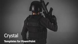  Presentation with gun - Slide deck consisting of war soft - forces airsoft player with gun background and a dark gray colored foreground