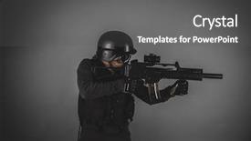  Presentation with sniper - Audience pleasing PPT theme consisting of war soft - sniper airsoft player with gun backdrop and a  colored foreground