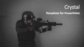  Presentation with golf player playing - Slides enhanced with war soft - uniform airsoft player with gun background and a gray colored foreground