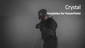  Presentation with golf player playing - Theme having war soft - uniform airsoft player with gun background and a  colored foreground