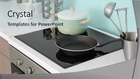  Presentation with cooking utensils - Slide deck consisting of ware house - electric stove with cooking utensils background and a light blue colored foreground