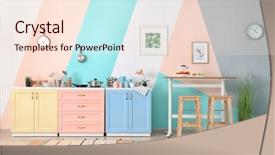  Presentation with interior - Colorful slide set enhanced with ware house - interior of modern kitchen backdrop and a  colored foreground