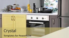  Presentation with interior - Slide deck consisting of ware house - interior of modern kitchen background and a  colored foreground