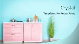  Presentation with kitchen furniture - PPT theme enhanced with ware house - modern furniture in kitchen background and a  colored foreground
