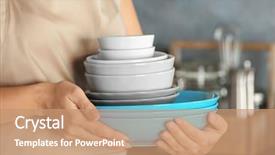  Presentation with role play woman and man - PPT theme featuring ware house - woman holding stack of plates background and a coral colored foreground