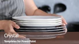  Presentation with role play woman and man - Amazing PPT theme having ware house - woman holding stack of plates backdrop and a tawny brown colored foreground