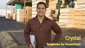  Presentation with warehouse - Amazing slide deck having middle ages industrial worker - portrait of a smiling confident backdrop and a tawny brown colored foreground