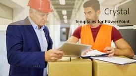  Presentation with warehouse - Colorful PPT theme enhanced with warehouse-clerk-and-boss-checking backdrop and a coral colored foreground