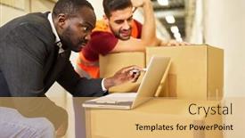  Presentation with warehouse - Slide deck featuring warehouse-clerk-and-boss background and a yellow colored foreground