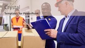  Presentation with warehouse - Slides having warehouse-clerk-and-boss background and a soft green colored foreground