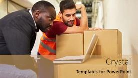  Presentation with entrepreneur - Beautiful PPT theme featuring warehouse-clerk-and-entrepreneur-checking backdrop and a yellow colored foreground