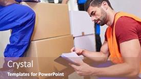  Presentation with warehouse - Colorful PPT theme enhanced with warehouse-clerk-at-the-incoming backdrop and a coral colored foreground