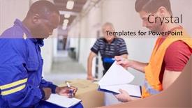  Presentation with checks - Amazing theme having warehouse-clerk-checks-goods-delivery backdrop and a coral colored foreground