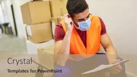  Presentation with covid - Slide deck with warehouse-clerk-with-face-mask background and a coral colored foreground