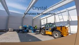  Presentation with vehicles - PPT theme featuring warehouse-construction-with-industrial-vehicles background and a light blue colored foreground