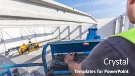  Presentation with construction work - PPT theme enhanced with warehouse-construction-worker-operating background and a dark gray colored foreground