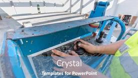  Presentation with construction work - Audience pleasing slide set consisting of warehouse-construction-worker-operating backdrop and a teal colored foreground