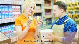  Presentation with customer service - Presentation theme featuring warehouse customer service - hardwarer store worker or buyer background and a yellow colored foreground