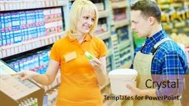  Presentation with worker - Slides consisting of warehouse customer service - hardwarer store worker or buyer background and a gold colored foreground