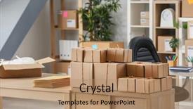  Presentation with home office - Audience pleasing slide deck consisting of warehouse customer service - parcels ready for shipment backdrop and a  colored foreground