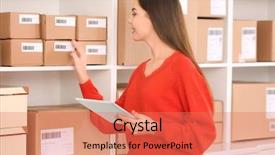  Presentation with man watching woman preparing vegetables - Presentation design with warehouse customer service - young woman with tablet computer background and a coral colored foreground