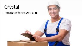  Presentation with blank whiteboard isolated on white - PPT theme featuring warehouse delivery - man with boxes isolated background and a white colored foreground