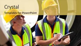  Presentation with shipping company - Cool new presentation with warehouse inspections - two shipping company employees inspecting backdrop and a yellow colored foreground