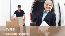  Presentation with delivery van - PPT layouts with warehouse loading dock - delivery driver packing his van background and a  colored foreground