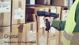  Presentation with barcode - Slide deck with warehouse management system worker background and a coral colored foreground