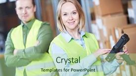  Presentation with barcode - Slide deck featuring warehouse management system worker background and a mint green colored foreground