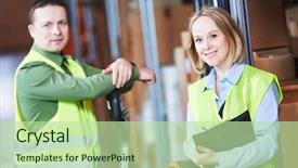  Presentation with barcode - Presentation theme enhanced with warehouse management system worker background and a mint green colored foreground
