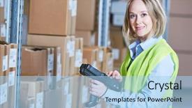  Presentation with barcode - Slide deck enhanced with warehouse management system worker background and a light blue colored foreground