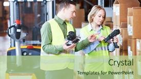  Presentation with barcode - Amazing presentation theme having warehouse management system worker backdrop and a mint green colored foreground