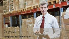  Presentation with management - Audience pleasing PPT theme consisting of warehouse-management-young-man backdrop and a coral colored foreground