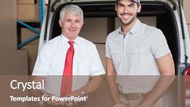  Presentation with driver - Audience pleasing presentation theme consisting of warehouse manager and delivery driver smiling at camera in a large warehouse backdrop and a violet colored foreground