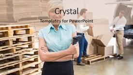  Presentation with scanner - Colorful PPT theme enhanced with warehouse manager holding scanner with arms crossed in a large warehouse backdrop and a soft green colored foreground