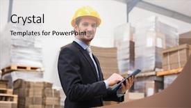 Presentation with warehouse - PPT theme having warehouse manager wearing hard hat background and a light gray colored foreground