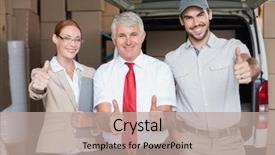  Presentation with managers - Beautiful slides featuring warehouse managers and delivery driver smiling at camera in a large warehouse backdrop and a mint green colored foreground