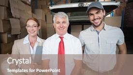  Presentation with managers - Slides featuring warehouse managers and delivery driver smiling at camera in a large warehouse background and a coral colored foreground