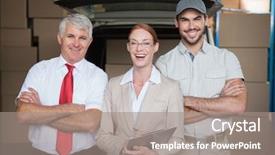  Presentation with managers - Colorful PPT layouts enhanced with warehouse managers and delivery driver smiling at camera in a large warehouse backdrop and a gray colored foreground